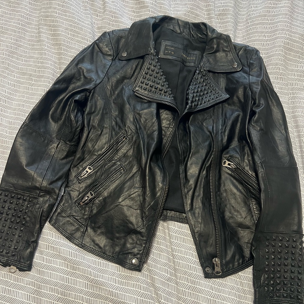 Zara Black Studded Leather Biker Jacket